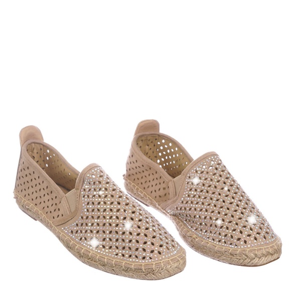 New Beige Rhinestone Espadrille Slip On Flats - Picture 4 of 7